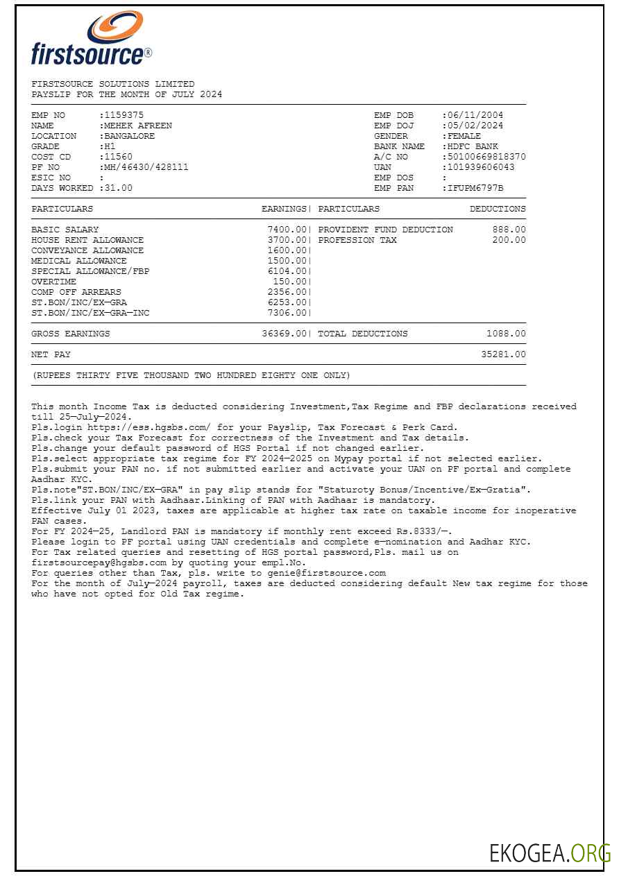 Modèle de fiche de paie Firstsource Solutions aux formats Word et PDF.pdf, 1